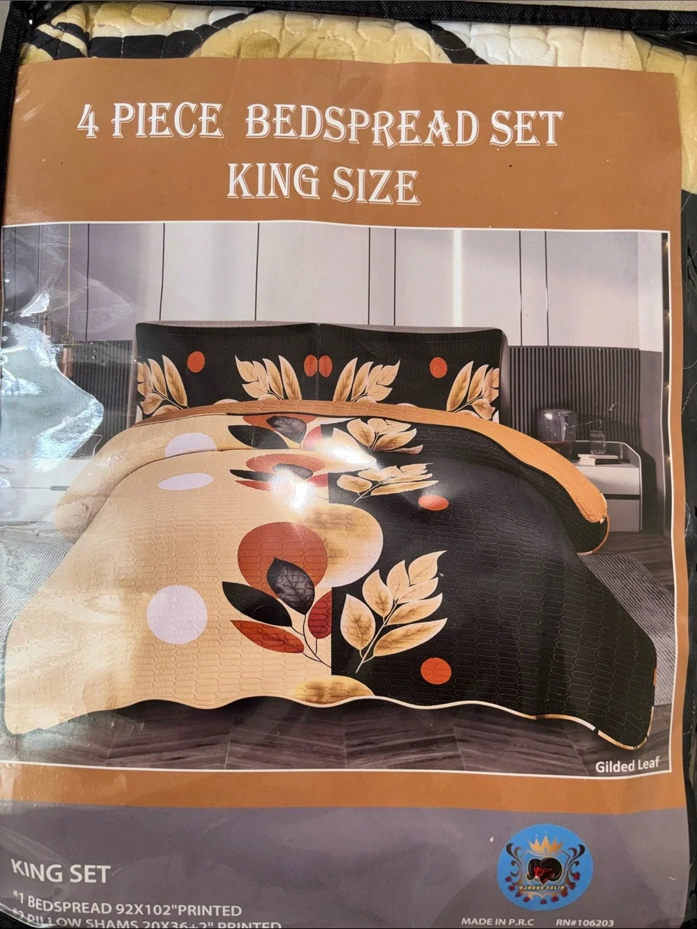 King Size 4-Piece Bedspread Set - Black & Gold Leaf Design